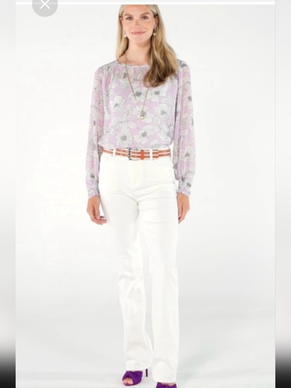CAbi Poppy Blouse Floral Lavender Sheer Chiffon Smocked Cuffs Spring Office 6298
